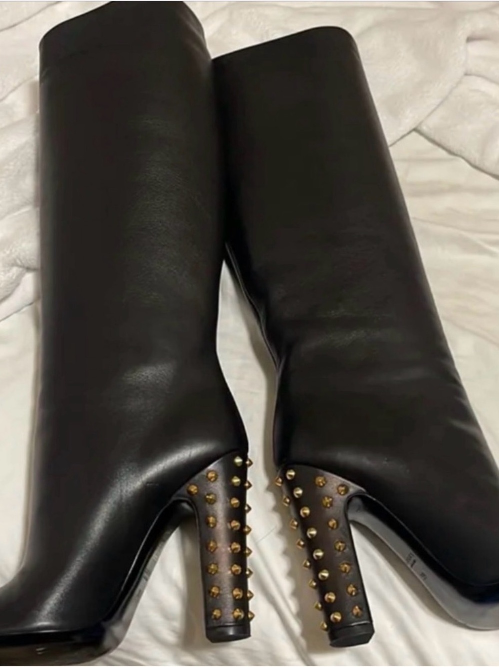 GUCCI Black Leather Gold Studded Heel Knee-High Boots EU 39